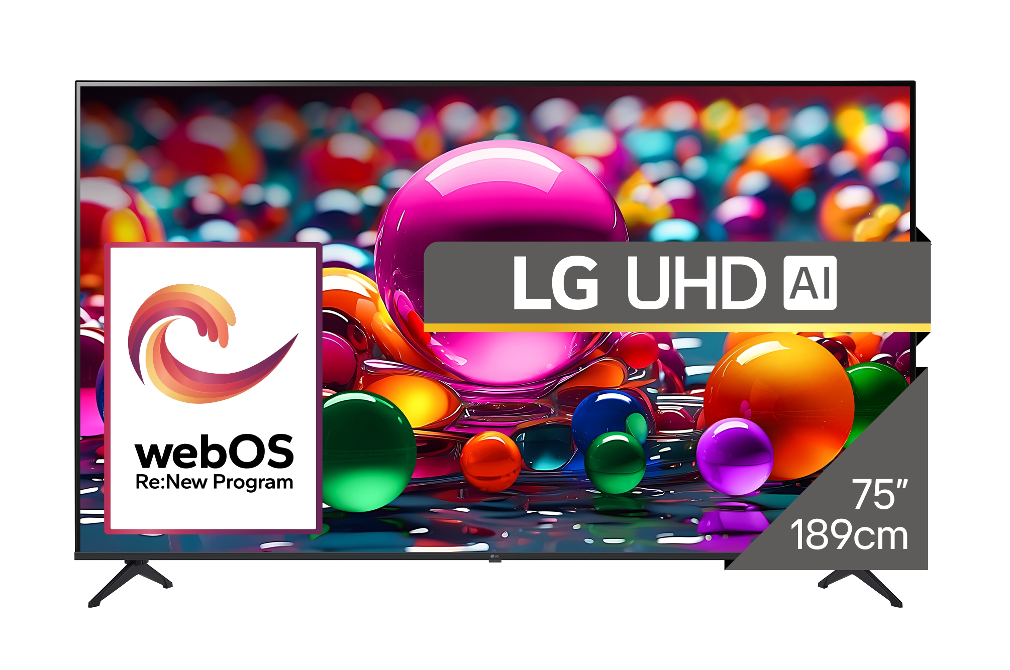 Vizualizare frontală a unui UHD TV, cu sigla LG UHDl Al în colțul de sus. LG UHD TV înfățișează texturi colorate ca dintr-un tablou care se îmbină.1